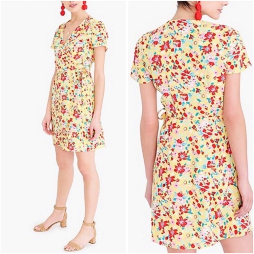J.Crew Floral Wrap Dress Yellow Red V-neck L6954 Size 0 Short Sleeve Curved Hem